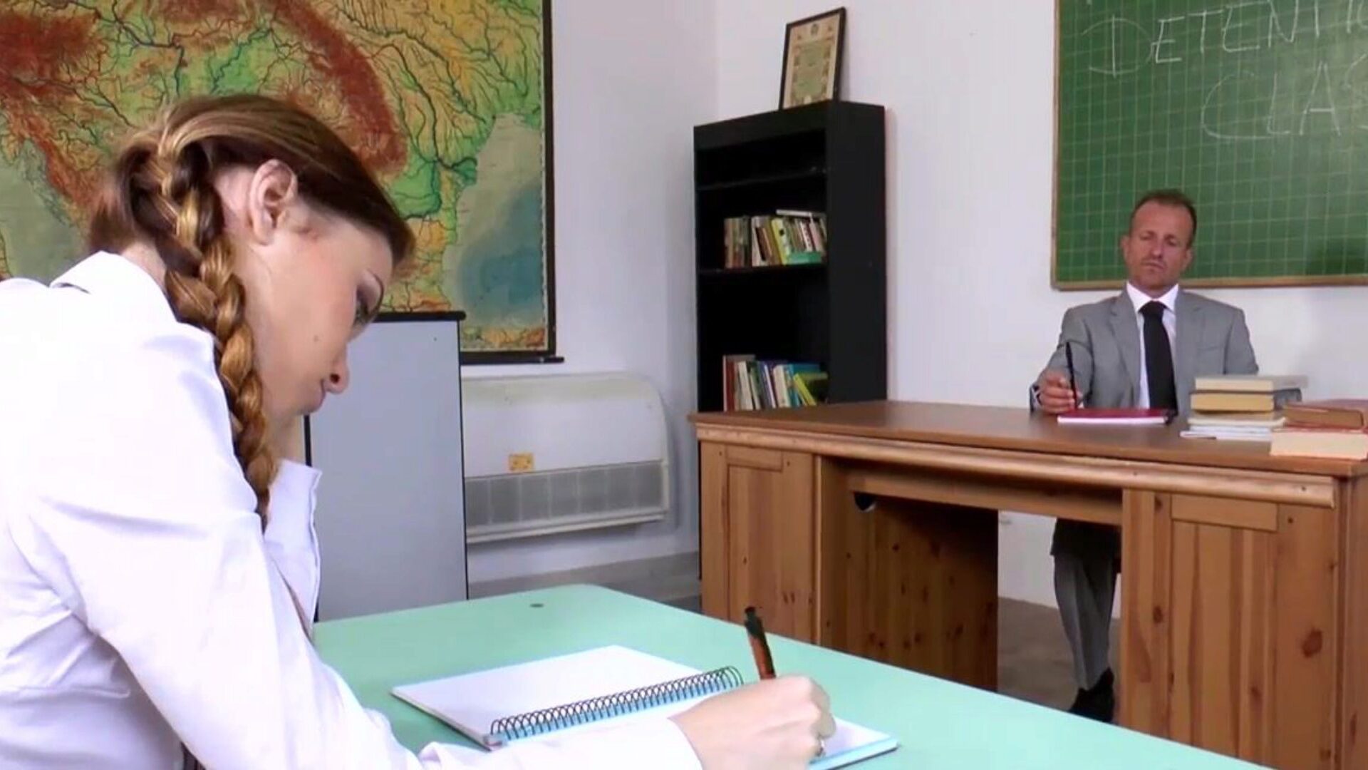 Oversexed Schoolgirl Misha Cross seduces tutor in detention classroom brief version)